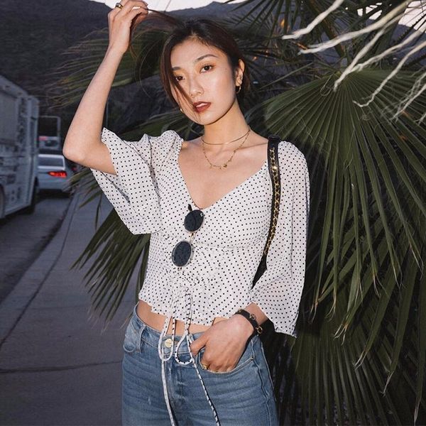 twotwinstyle dot short shirt female v neck short sleeve lace up tunic high waist women's blouse summer fashion casual, White
twotwinstyle dot short shirt female v neck short sleeve lace up tunic high waist women's blouse summer fashion casual, White