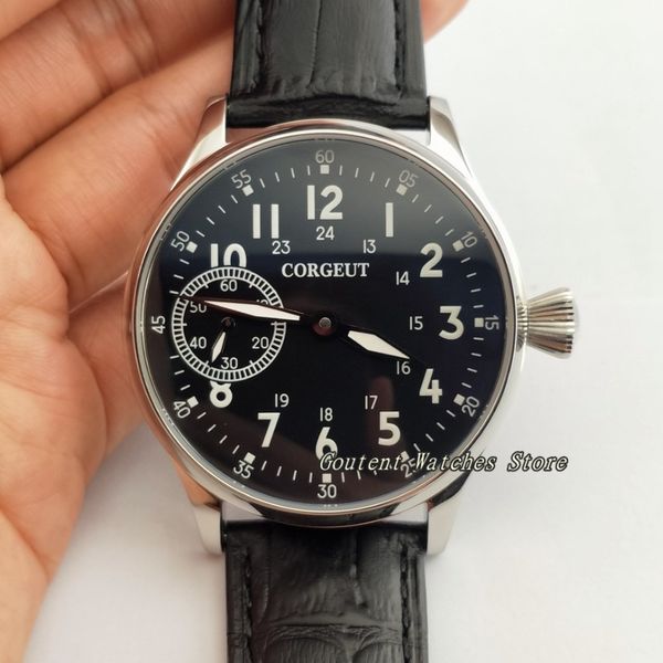 44mm corgeut leather ss. case black dial hand winding mechanical movement men's watch, Slivery;brown
44mm corgeut leather ss. case black dial hand winding mechanical movement men's watch, Slivery;brown