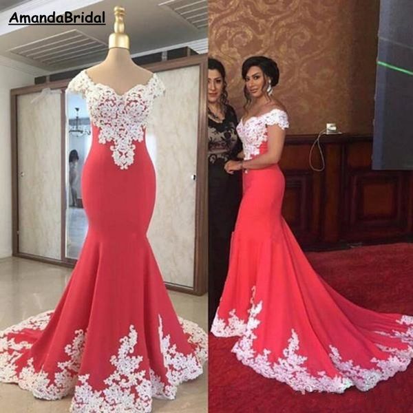 elegant evening gowns mermaid off shoulder sweep train prom dresses with applique elastic satin formal party gowns, Red
elegant evening gowns mermaid off shoulder sweep train prom dresses with applique elastic satin formal party gowns, Red