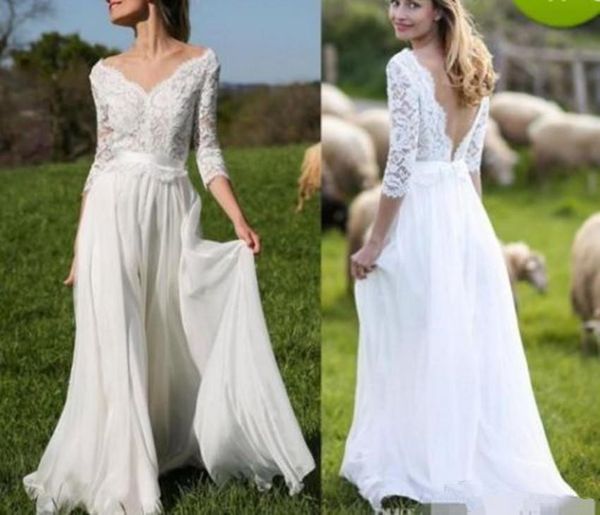 country chiffon lace wedding dresses backless deep v neck spring summer beach bridal gowns custom made wedding dress, White
country chiffon lace wedding dresses backless deep v neck spring summer beach bridal gowns custom made wedding dress, White