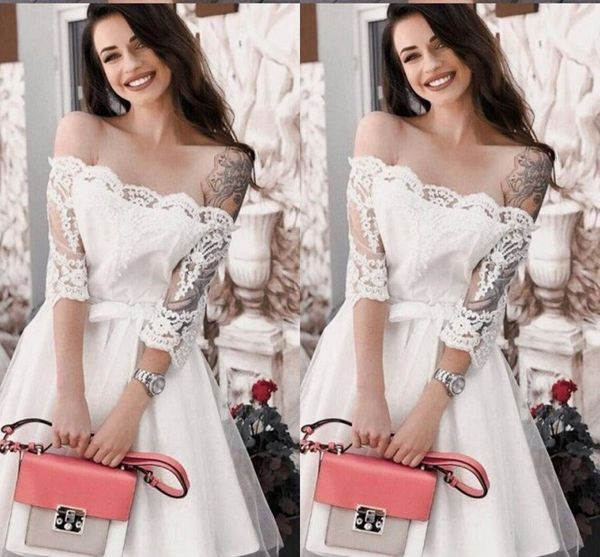 2019 off the shoulder short wedding dresses lace 1/2 long sleeve lace ribbon bow wedding dress guest bridal party dress for bride, White
2019 off the shoulder short wedding dresses lace 1/2 long sleeve lace ribbon bow wedding dress guest bridal party dress for bride, White