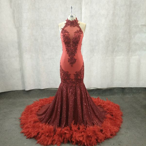 burgundy feather mermaid evening dresses backless halter vintage appliques black girls african arabic formal evening party gowns, Black;red
burgundy feather mermaid evening dresses backless halter vintage appliques black girls african arabic formal evening party gowns, Black;red