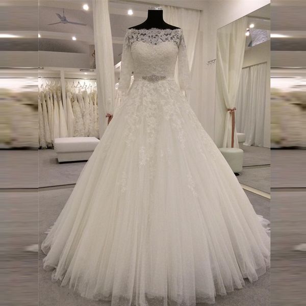 a-line stunning wedding dresses sheer bateau neck beaded lace appliques illusion sleeves dotted tulle bridal gowns with crytals sash, White
a-line stunning wedding dresses sheer bateau neck beaded lace appliques illusion sleeves dotted tulle bridal gowns with crytals sash, White