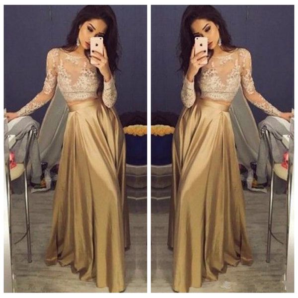 sheer 2021 lace appliques long sleeves gold two piece prom dresses 2018 satin formal vestidos de soiree custom pleated, Black
sheer 2021 lace appliques long sleeves gold two piece prom dresses 2018 satin formal vestidos de soiree custom pleated, Black