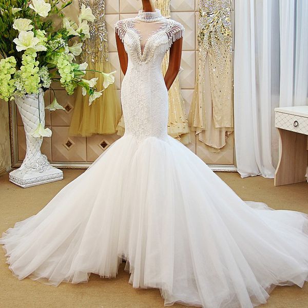 2019 mermaid wedding dresses shining pearl high neck tassel short sleeve hollow back illusion v neck pattern garden bridal gowns, White
2019 mermaid wedding dresses shining pearl high neck tassel short sleeve hollow back illusion v neck pattern garden bridal gowns, White