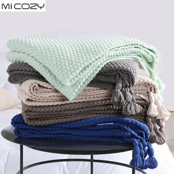 

cotton knitting decoration blanket concis modern nap sofa throw blanket with tassels,color crystal blue mint green