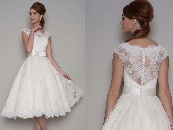 50s retro short wedding dresses cap sleeve scalloped neck bow belt lace vintage tea length bridal gowns custom size, White
50s retro short wedding dresses cap sleeve scalloped neck bow belt lace vintage tea length bridal gowns custom size, White