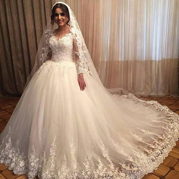 2018 gorgeous ivory ball gown wedding dresses sheer long sleeves lace appliqued custom made chapel train wedding bridal gowns, White
2018 gorgeous ivory ball gown wedding dresses sheer long sleeves lace appliqued custom made chapel train wedding bridal gowns, White