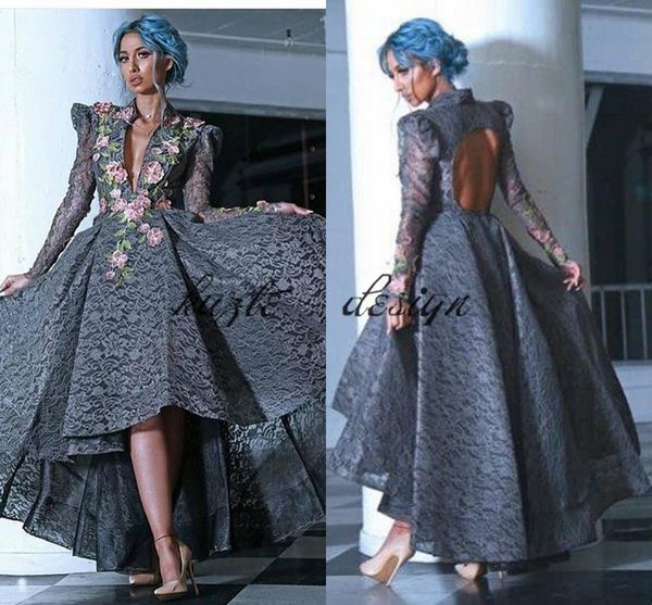 high low a-line prom dresses deep v-neck long sleeveless keyhole back gray lace embroidery flowers pattern special occasion gowns, Black
high low a-line prom dresses deep v-neck long sleeveless keyhole back gray lace embroidery flowers pattern special occasion gowns, Black