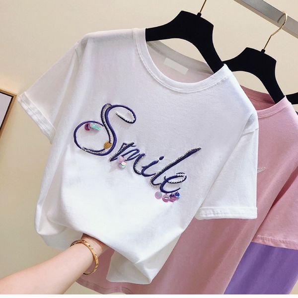 2018 summer fashion women o neck letter sequin t-shirt female casual pullover tee a306, White
2018 summer fashion women o neck letter sequin t-shirt female casual pullover tee a306, White