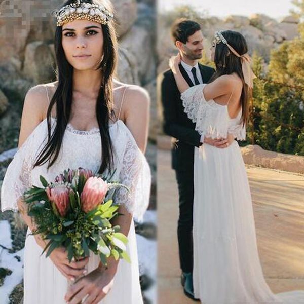 vintage beach bohemian lace wedding dress spaghetti straps backless chiffon long boho wedding dresses vestido de noiva, White
vintage beach bohemian lace wedding dress spaghetti straps backless chiffon long boho wedding dresses vestido de noiva, White