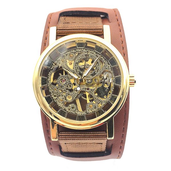 

golden tone hollow skeleton mens lady women wind up mechanical analog wrist watch canvas & leather band watch timepiece, Slivery;brown