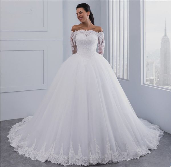 off shoulder wedding dresses 2019 long sleeves wedding gowns with appliques button covered back, White
off shoulder wedding dresses 2019 long sleeves wedding gowns with appliques button covered back, White