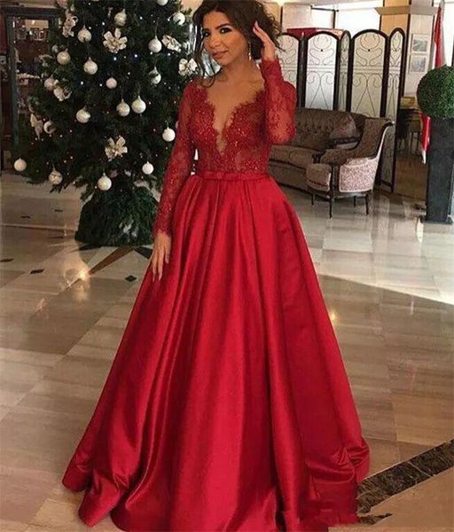 red evening dresses long sleeves plunging v neck lace satin a line lace prom gowns with bow sash back zipper custom made, Black
red evening dresses long sleeves plunging v neck lace satin a line lace prom gowns with bow sash back zipper custom made, Black