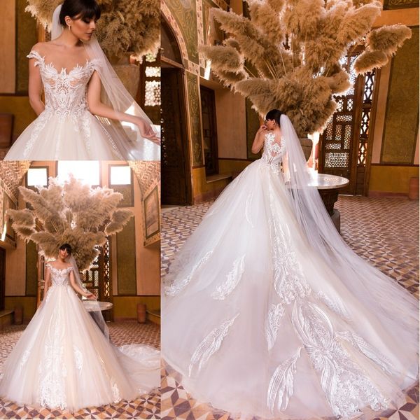 modest a line wedding dresses 2020 illusion sheer neck cap sleeves lace appliqued court train tulle bridal gowns custom made, White
modest a line wedding dresses 2020 illusion sheer neck cap sleeves lace appliqued court train tulle bridal gowns custom made, White