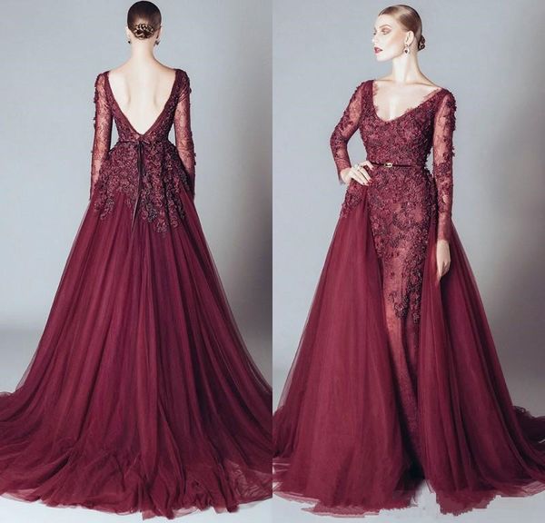 dark red lace formal celebrity prom dresses backless v neck sheer long sleeves elie saab evening gowns arabic party dress with overskirt, Black
dark red lace formal celebrity prom dresses backless v neck sheer long sleeves elie saab evening gowns arabic party dress with overskirt, Black