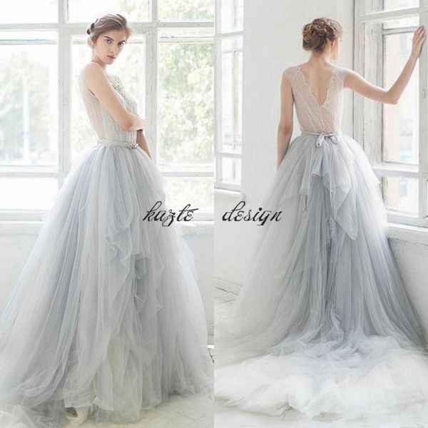2018 ombre тюль пляж свадебные платья кружева аппликация бисером совок шеи свадебные платья без рукавов многоуровневое оборками развертки по, White