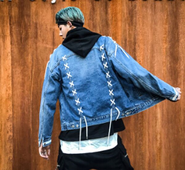 men high street jean jackets denim blue bandages single breasted slim jacket coats, Black;brown
men high street jean jackets denim blue bandages single breasted slim jacket coats, Black;brown