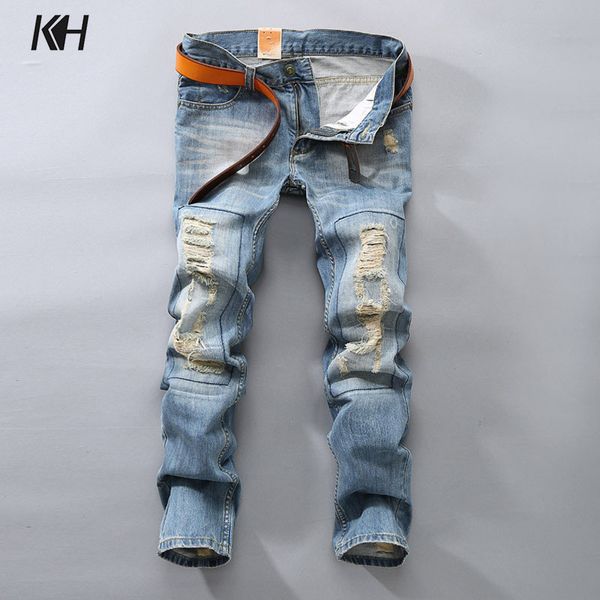 kh men's fashion brand casual straight jeans men spring and autumn holes jeans mens retro patch denim pants long trousers, Blue
kh men's fashion brand casual straight jeans men spring and autumn holes jeans mens retro patch denim pants long trousers, Blue