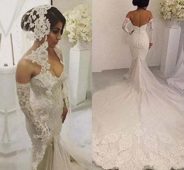 cathedral train mermaid wedding dresses with long sleeve 2019 off shoulder full lace applique pearl detail dubai church wedding gown, White
cathedral train mermaid wedding dresses with long sleeve 2019 off shoulder full lace applique pearl detail dubai church wedding gown, White