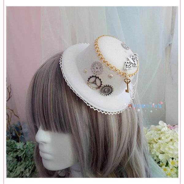

womens lolita cosplay little hat hairpin steampunk mini hat vintage fedoras hair accessory handmade with gear bat chain, Silver