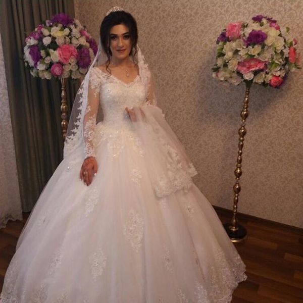 lace tulle ball gown wedding dresses deep v neck sheer long sleeves beads sequins lace appliques corset back bridal gowns sweep train, White
lace tulle ball gown wedding dresses deep v neck sheer long sleeves beads sequins lace appliques corset back bridal gowns sweep train, White