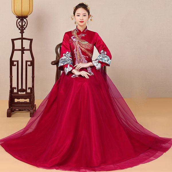 chinese style embroidery phoenix gown qipao oriental bride's wedding dress claret long sleeve wedding cheongsam evening dresses, Red
chinese style embroidery phoenix gown qipao oriental bride's wedding dress claret long sleeve wedding cheongsam evening dresses, Red