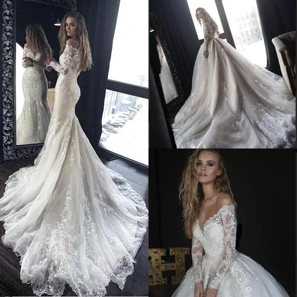 2018 gorgeous full lace wedding dresses with detachable train off the shoulder long sleeves lace wedding bridal gowns ba9641, White
2018 gorgeous full lace wedding dresses with detachable train off the shoulder long sleeves lace wedding bridal gowns ba9641, White