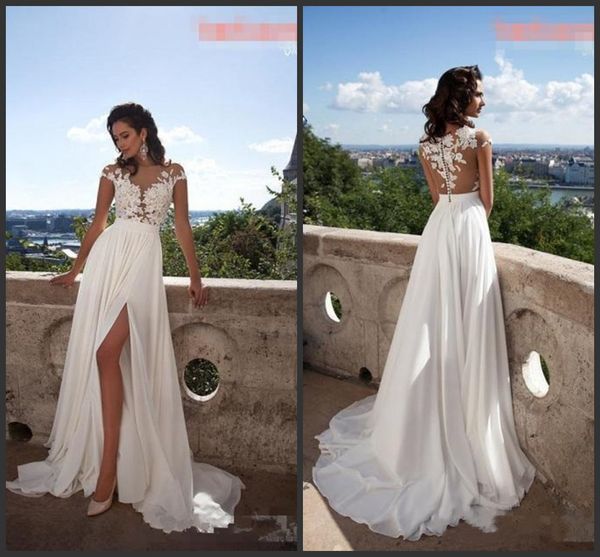 2019 new elegant a line lace chiffon beach wedding dresses illusion bodice front split plus size bridal wedding gowns custom made, White
2019 new elegant a line lace chiffon beach wedding dresses illusion bodice front split plus size bridal wedding gowns custom made, White