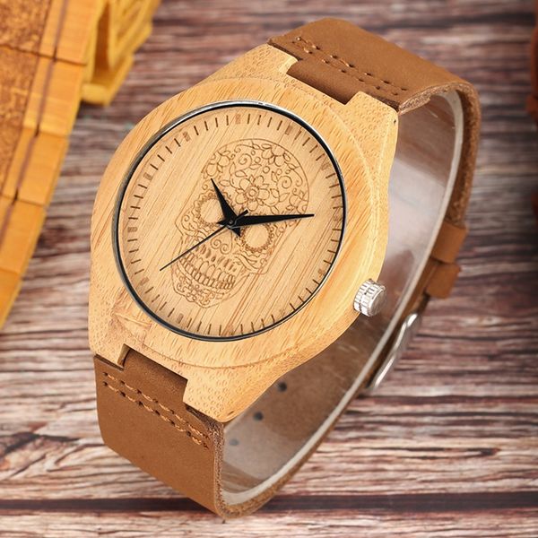 

punk skull wood watch men's nature bamboo wood hour leather casual ghost dial quartz watch male sport clock reloj christmas gift, Slivery;brown