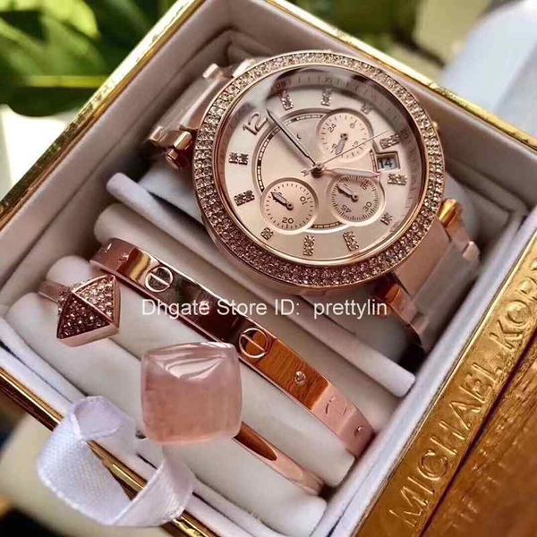 

m k a set of damenuhr parker edelstahl chronograph womens diamond gold watch 5905 quartz mens watches wristwatch, Slivery;brown