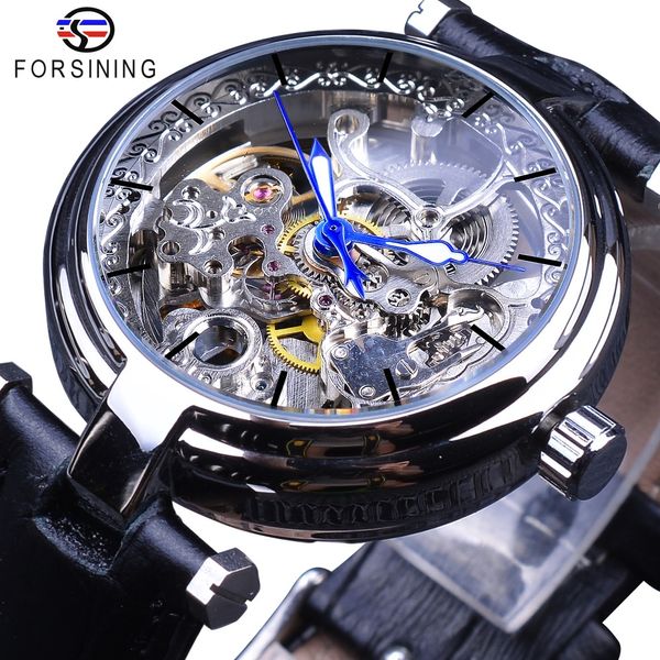 

forsining fashion silver movement skeleton watches blue luminous hands leather men's mechanical wristwatch waterproof male clock, Slivery;brown