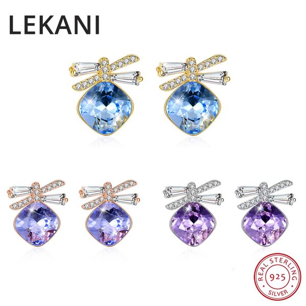 

lekani square crystals from new design 18k gold plated bowknot stud earrings s925 silver jewelry for women girls gifts, Golden;silver