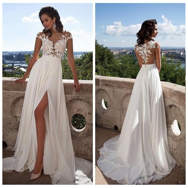 2018 beautiful sheer lace appliqued a line wedding dresses capped sleeves high split chiffon bridal gowns garden vestidos, White
2018 beautiful sheer lace appliqued a line wedding dresses capped sleeves high split chiffon bridal gowns garden vestidos, White