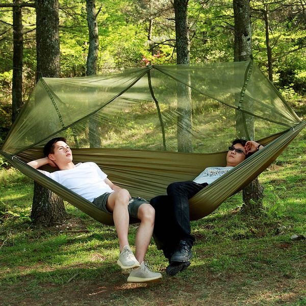 1-2 Person Outdoor Camping Hammock Hanging Relaxing Sleeping Bed With Mosquito Net Camping Hammock Strap Army Green Sleeping Bed