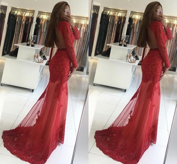 2018 dark red prom dresses illusion lace applique beaded hollow back sheer long sleeves mermaid tulle plus size sweep train evening dresses, Black
2018 dark red prom dresses illusion lace applique beaded hollow back sheer long sleeves mermaid tulle plus size sweep train evening dresses, Black