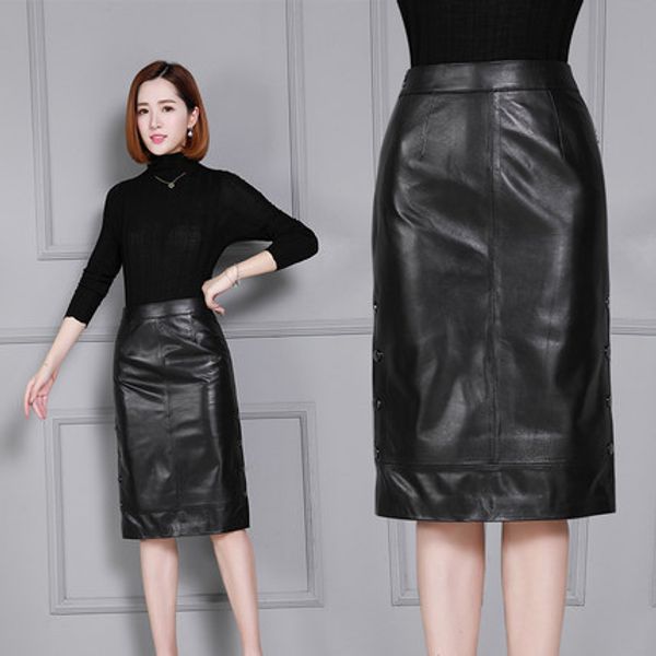 2018 new leather over-the-knee skirt, Black