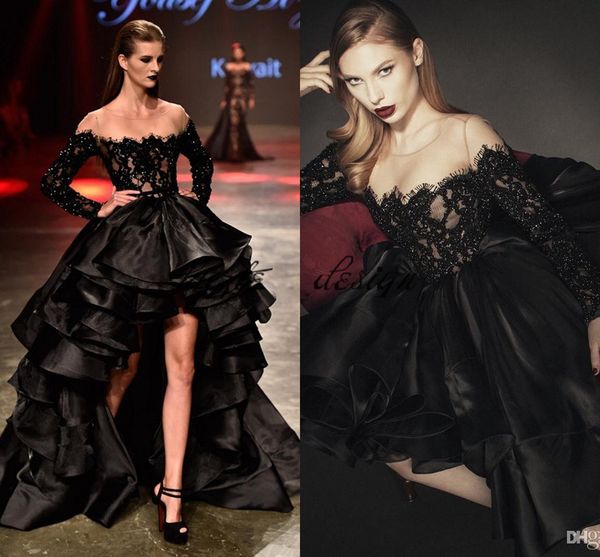 yousef al jasmi beaded lace layered skirts evening dresses sheer neck long sleeves high low celebrity red carpet dress formal prom gowns, Black
yousef al jasmi beaded lace layered skirts evening dresses sheer neck long sleeves high low celebrity red carpet dress formal prom gowns, Black