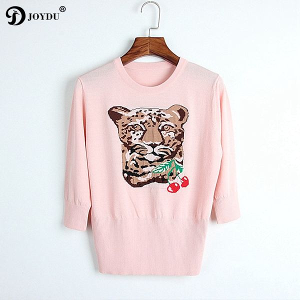 joydu 2018 new knitted summer t shirt runway design t-shirts for women leopard head cherry jacquard female t-shirt tees, White 
joydu 2018 new knitted summer t shirt runway design t-shirts for women leopard head cherry jacquard female t-shirt tees, White