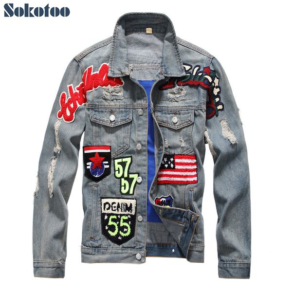 sokotoo men's american flag badge patch design slim denim jacket vintage letters patchwork ripped distressed coat outerwear, Black;brown
sokotoo men's american flag badge patch design slim denim jacket vintage letters patchwork ripped distressed coat outerwear, Black;brown