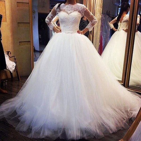 lace tulle princess ball gown wedding dresses sheer bateau neck illusion long sleeves corset lace-up back puffy tulle bridal gowns, White
lace tulle princess ball gown wedding dresses sheer bateau neck illusion long sleeves corset lace-up back puffy tulle bridal gowns, White