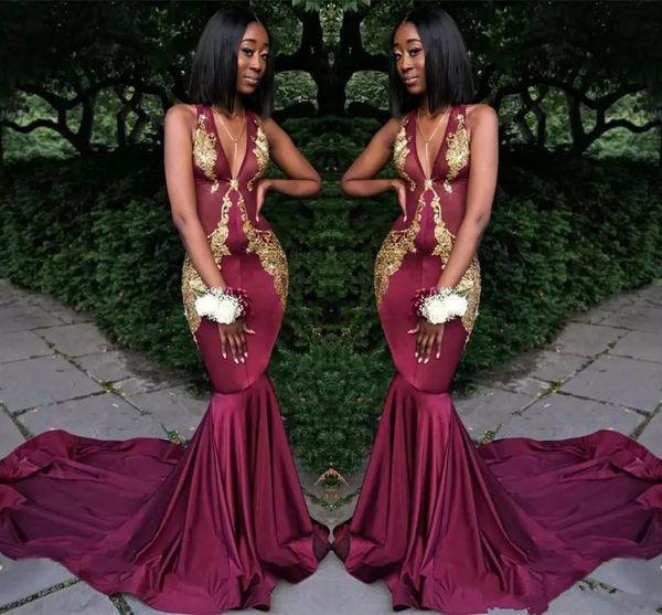 2018 Africa Grape Sexy Deep V-Neck Mermaid Prom Dresses Sleeveless Gold Applique Style Sweep Train Formal Evening Gowns Custom Made, Black
2018 Africa Grape Sexy Deep V-Neck Mermaid Prom Dresses Sleeveless Gold Applique Style Sweep Train Formal Evening Gowns Custom Made, Black