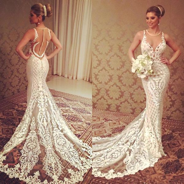 Gorgeous Mermaid Lace Wedding Dresses Sheer Plunging Neck Boho Trumpet Backless Bridal Gowns Beaded Plus Size Bohemian Vestido De Novia