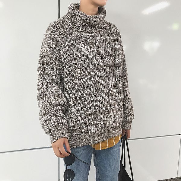 mixcubic 2018 autumn korean style high collar knitwear sweater men casual loose ripped hole hedging sweater for men size -xl, White;black 
mixcubic 2018 autumn korean style high collar knitwear sweater men casual loose ripped hole hedging sweater for men size -xl, White;black