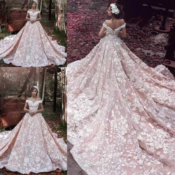 a line wedding dresses tulle lace 3d floral applique pink elie saab off shoulder church train country wedding dresses dubai arabic bridal, White
a line wedding dresses tulle lace 3d floral applique pink elie saab off shoulder church train country wedding dresses dubai arabic bridal, White