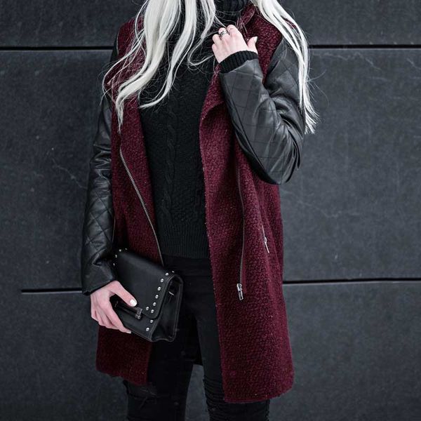 patchwork wool pu leather long sleeve jacket coat with side zipper pocket outwear outcoats female winter wdc1195, Black;brown
patchwork wool pu leather long sleeve jacket coat with side zipper pocket outwear outcoats female winter wdc1195, Black;brown