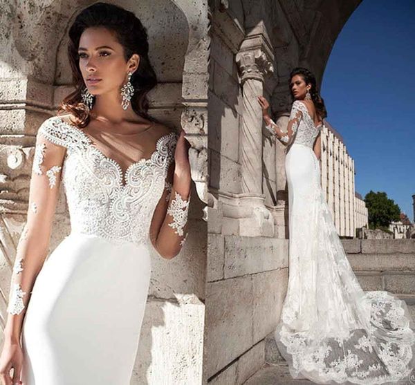 2017 Elegant Berta Wedding Dresses Mermaid Sheer Long Sleeves Lace Appliques Sweep Train Bridal Gowns Custom Made
2017 Elegant Berta Wedding Dresses Mermaid Sheer Long Sleeves Lace Appliques Sweep Train Bridal Gowns Custom Made