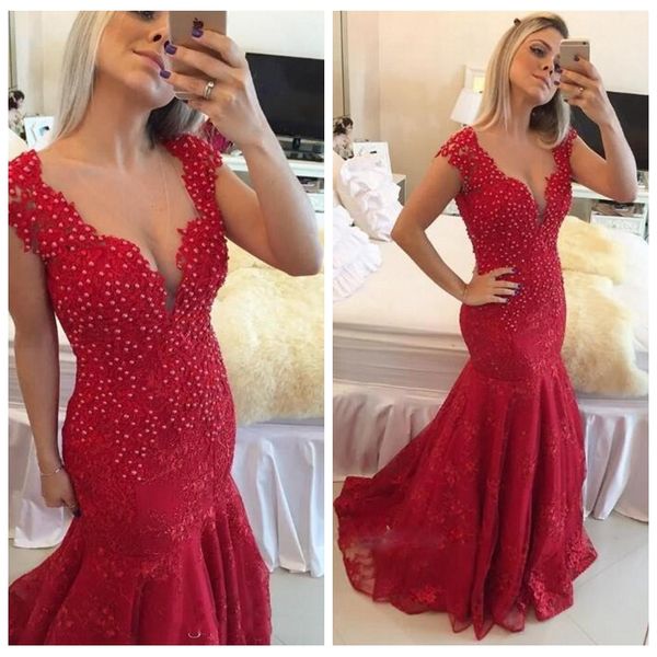 2018 sheer v-neck cap slim mermaid lace prom dresses beaded pearls custom formal lace reception evening gowns ladies special occasion gowns, Black;red
2018 sheer v-neck cap slim mermaid lace prom dresses beaded pearls custom formal lace reception evening gowns ladies special occasion gowns, Black;red