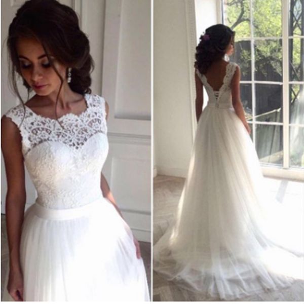 custom made lace wedding dress 2018 o-neck sheer tulle beach wedding dresses summer bridal gown bohemian wedding dresses, White
custom made lace wedding dress 2018 o-neck sheer tulle beach wedding dresses summer bridal gown bohemian wedding dresses, White