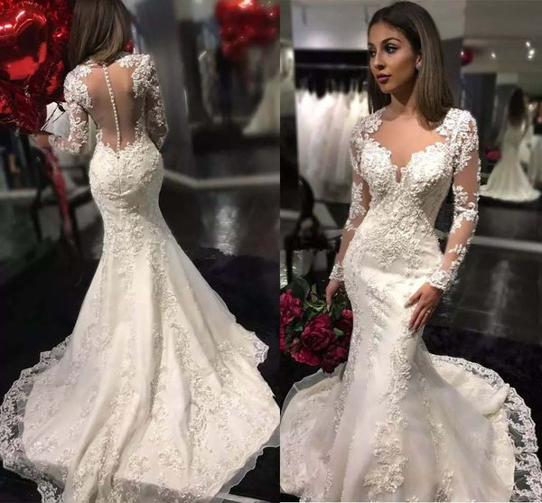 custom long sleeves lace mermaid wedding dresses 2020 with appliques illusion back sweep train wedding bridal gowns, White
custom long sleeves lace mermaid wedding dresses 2020 with appliques illusion back sweep train wedding bridal gowns, White